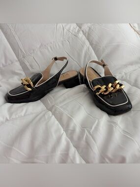 YDN 6.5 Closed Square Toe Block Low Heel Slingback Dressy Shoes Chunky Chain